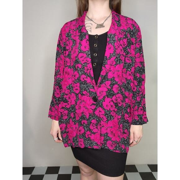 80s Vtg Pink Floral Black White Polka Dot JP Collection Long Sleeve Blazer Sz L - Picture 8 of 9